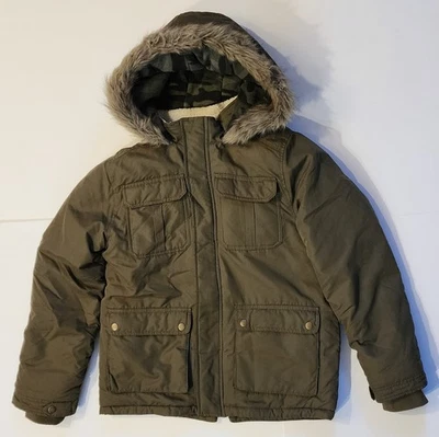 CARTER'S Boys Large (sz 14) Sherpa Parka Coat, Faux Fur Hood, Olive Green - Image 1 of 4