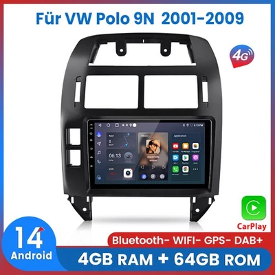 4+64GB Carplay Autoradio Android 14 GPS Navi BT 4G Wifi Für VW Polo 9N 2001-2009 - Bild 1 von 4