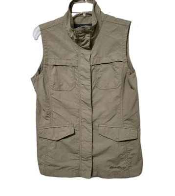 Eddie Bauer 钓鱼背心女式 Sm 棕褐色无袖户外远足拉链前二手状况完好 — 第 1/4 张图片