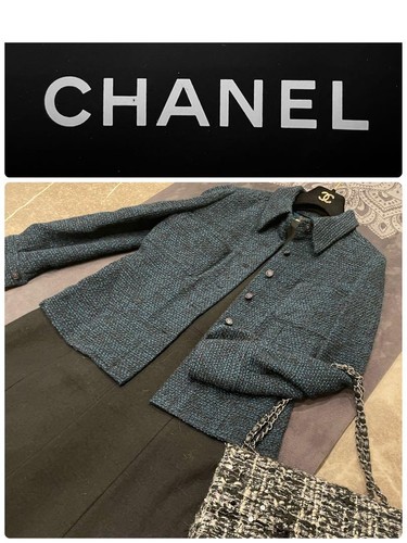 Giacca maglia Chanel colore denim verde muschio S M