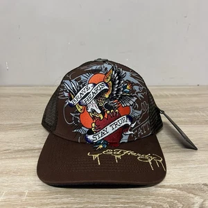 Ed Hardy Trucker Hat Embroidered Eagle Brave Hearts Stay True Snapback Cap Brown - Picture 1 of 7