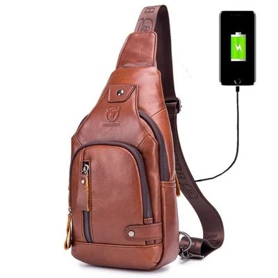 Genuine Leather Sling Bag with USB Charging Port Multi-pocket Chest Bag for M... - Image 1 of 4