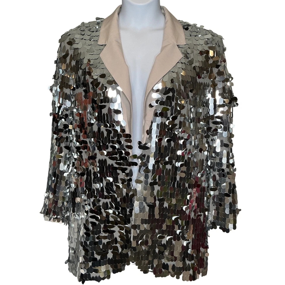 Блейзер женский ASOS DESIGN серебристый с блестками украшенный открытой передней частью размер 6 увеличенный - Изображение 1 из 4