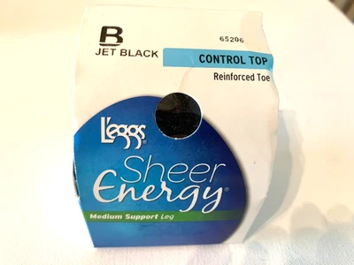 NIB L'EGGS Sheer Energy Jet Black Control Top Reinforced Toe Pantyhose Size B - Image 1 of 4