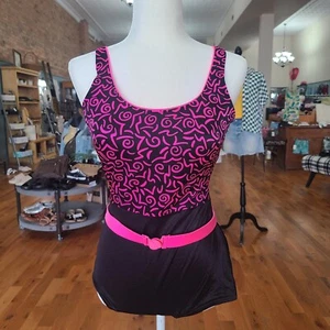 Vintage 80er Jahre Hot Pink Schwarz Strampler Stil Einteiler Badeanzug - Bild 1 von 11