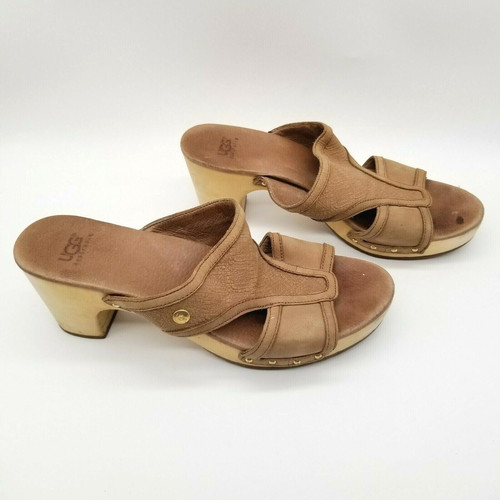 Sandali Ugg Australia donna 3147 pelle marrone tacco a blocco mosaico slide taglia 8