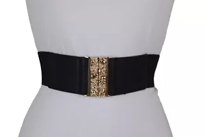 Women Black Elastic Fashion Special Look Belt Gold Metal Skull Buckle Size S M - Picture 1 of 12