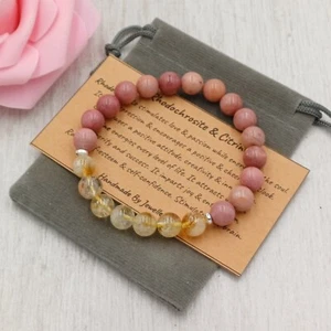 CITRINE & RHODOCHROSITE Handmade Crystal Healing Gemstone Stretch Bracelet 6/8mm - Picture 1 of 12