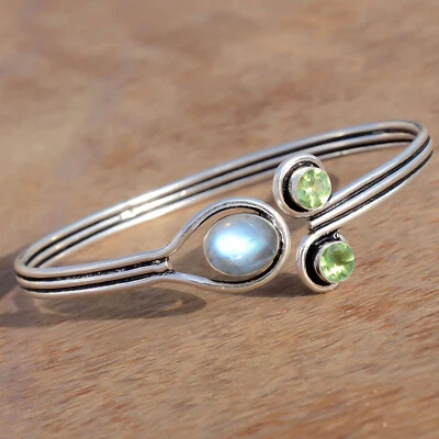 Labradorite & Peridot Cut Gemstone 925 Sterling Silver Bangle Birthstone Cuff - Image 1 of 4