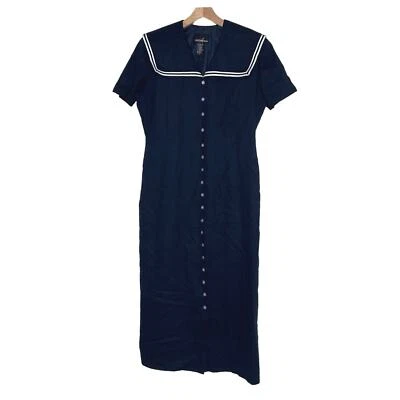 Vestido Postive Attitude talla 14 azul + blanco marinero abotonado lino mezcla rayón Foto 1 de 4