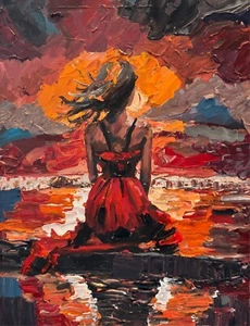 Coltello tavolozza testurizzato spiaggia al tramonto vestito rosso donna Impasto originale dipinto - Foto 1 di 2