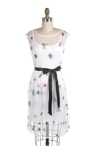 FROCK SHOP M Sheer Dot Mesh Embroidered Bug Dress White w Slip & Tie Cute! NWT - Picture 1 of 9