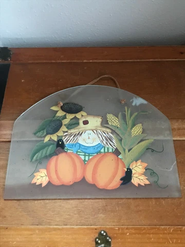 Estate Scarecrow Pumpkins & Sunflower Painted Frosted Arch Glass Wall Window Han Cover