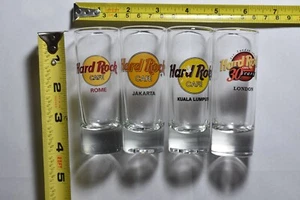 Lot of 4 Hard Rock Cafe tall shot glasses Rom, Jakarta, Kuala Lumpur, London - Picture 1 of 5