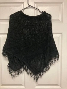 Black Fringe Poncho Shawl One Size Fits All - Picture 1 of 2