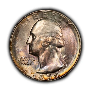 1954-S 25c Washington Quarter PQ Neon Rainbow Toning - NGC MS 66 - VIDEO - Z4404 - Picture 1 of 18