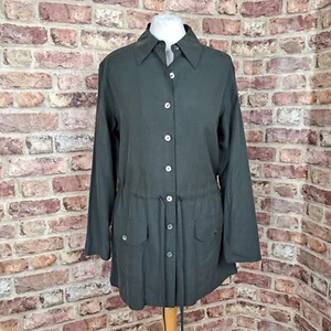 Jaeger Jacket Shacket Green 100% Silk Womens Small Loosefit Drawstring - Picture 1 of 13