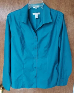 Chico's size 2 (L/12) teal green long sleeve button up no-iron cotton blouse - Picture 1 of 6