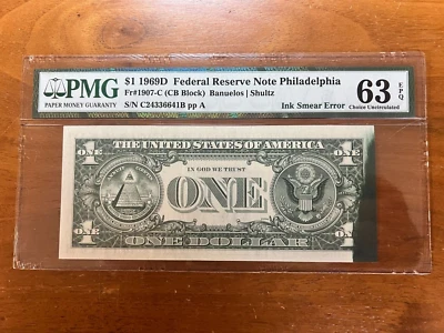1969  $1  F R Note Philadelphia PMG 63 EPQ Ink Smear Error - Image 1 of 4