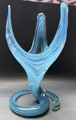 MCM Sooner Art Glass Tulip Trumpet Vase Blue Green Spiral Coiled Base 12" Read - image 1 of 4