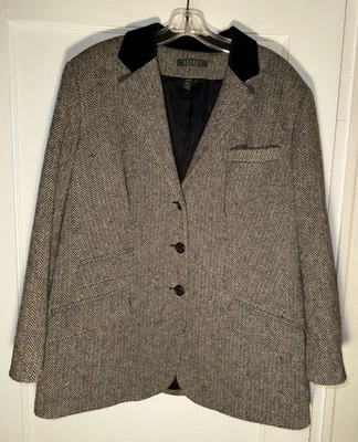 Lauren Ralph Lauren Women's Wool Herringbone Tweed Blazer Velvet Collar Size 14W - Image 1 of 4