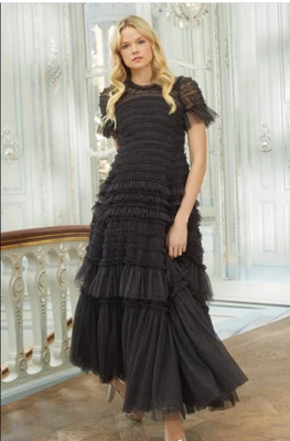 Vestido feminino agulha e linha 12 EUA preto babado dos namorados novo com etiquetas $765 - Imagem 1 de 4