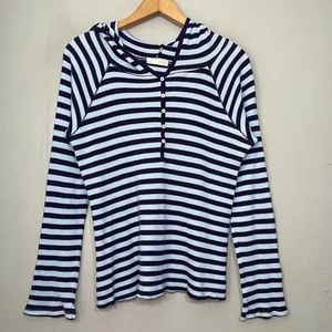 Old Navy Perfect Fit Y2K Blue Striped Hoodie Size L Henley Thermal Waffle Knit - Picture 1 of 12