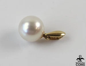18k Yellow Gold ~7mm White Round Pearl Necklace Pendant - Picture 1 of 3