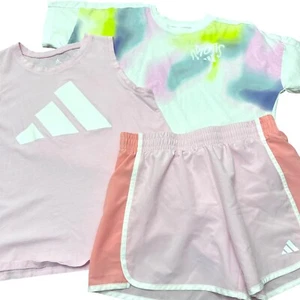 Adidas athletic girls XL 2 tops 1 shorts pastel pink tie dye spring summer LOT - Picture 1 of 21