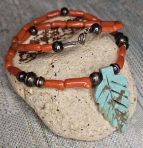 Collar Perla Navajo 15" PLATA ESTERLINA Cuentas de Banco Coral Rojo y HOJA TURQUESA - Imagen 1 de 16