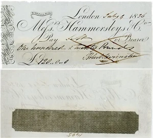 1836 HAMMERSLEYS BANKSCHECK VORKOSTEN - Bild 1 von 3