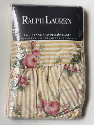 NEW! Pair RALPH LAUREN Sophie *STANDARD PILLOWCASES Brooke Striped FLORAL YELLOW - Image 1 of 4