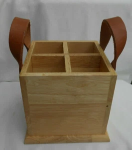 STUDIO NOVA CADDY HOLDER WOOD FLATWARE SILVERWARE LEATHER NEW 4 SLOTS - Picture 1 of 3