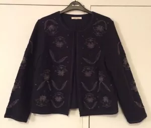 White Stuff Navy Blue Evening Jacket Embellished Floral Embroidery Beads Size 12 - Picture 1 of 6