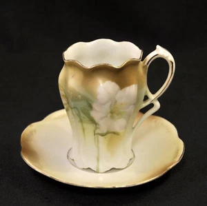 Chocolate Cup & Saucer Set Hand Painted White Azalea Gold 1910-1945RS Germany - Picture 1 of 12