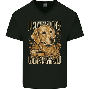 T-shirt da uomo collo a V cotone Coffee and Golden Retriever Funny Dog - Foto 1 di 3