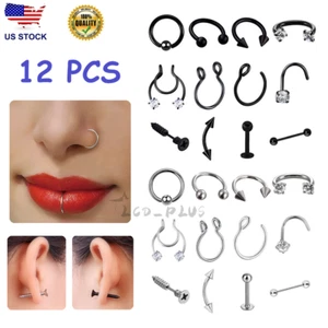 12PCS Nose Hoop Rings L Shaped Pin Studs Lip Surgical Steel Piercing Jewelry Set - Picture 1 of 12