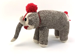 Sock Monkey Circus Elephant Plush Knitted Pom-Pom Handmade Rockford Red Heel - Picture 1 of 7