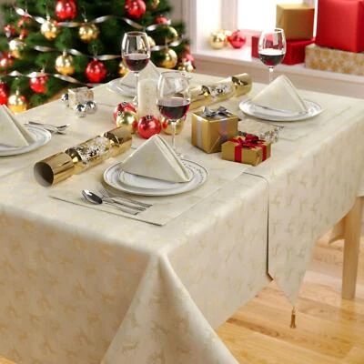 Celebright Christmas Tablecloth & Napkins - 4-10 Place Settings - Metallic Deer
