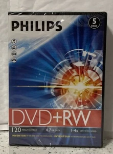 PHILIPS DVD+RW 5 Pack 4.7GB 1-4x Speed Single Sided Sealed - Picture 1 of 5