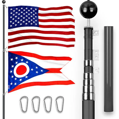 20 Ft Telescoping Flagpole Black & American and Ohio Flags Emb 300D 3x5Ft - Image 1 of 4