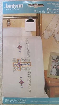 NEW Stamped Cross Stitch Religious Cross pillowcases set by Janlynn - Image 1 of 2