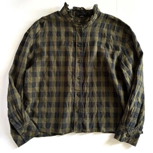 Sanctuary Plaid Top Womens Medium Green Black Cotton Pleated Back Loose Boxy - Picture 1 of 6