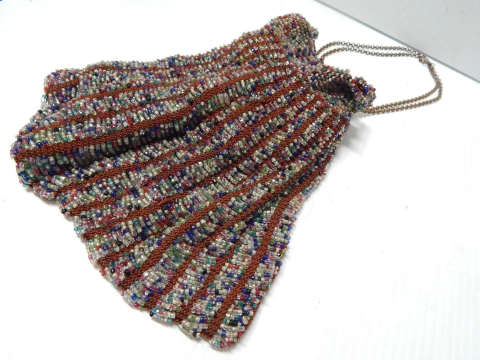 ANTIQUE FRENCH ARTE' NOUVEAU BEADED FLAPPER BAG brass chain handle + satin c1920 - Image 1 of 4