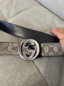 Gucci Supreme Beige/Blue Leather Canvas Belt with G Buckle - Picture 1 of 11
