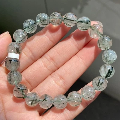 10mm Natural Green Tourmaline Rutilated Quartz Crystal Beads Bracelet 025 - Image 1 of 4
