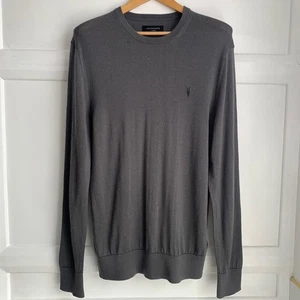All Saints Mode Merino Wool Crew Neck Jumper Mens XL Gray Ramskull Fine Knit - Picture 1 of 9