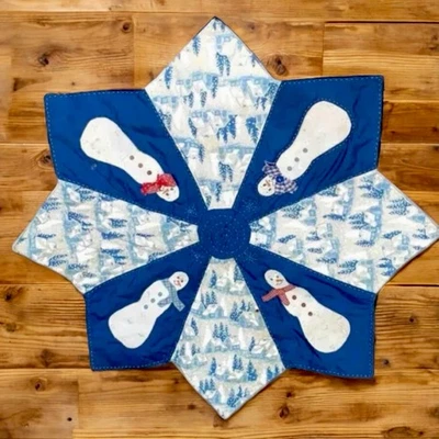 Vintage Christmas Tree Skirt Handmade Snowman Snowflake 24”x17” Quilted - Image 1 of 4