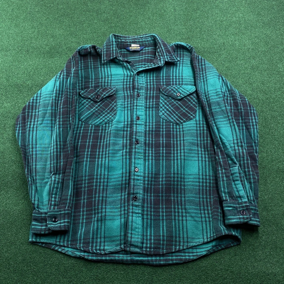 Vintage Oshkosh Bgosh Flannel Mens L Green Black 80S Plaid Cotton Shirt USA MADE - Image 1 of 4
