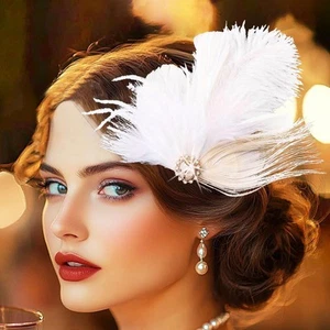 1920s Flapper Headband White Feather Hair Clip Rhinestone Headpiece Prom Part... - Picture 1 of 7